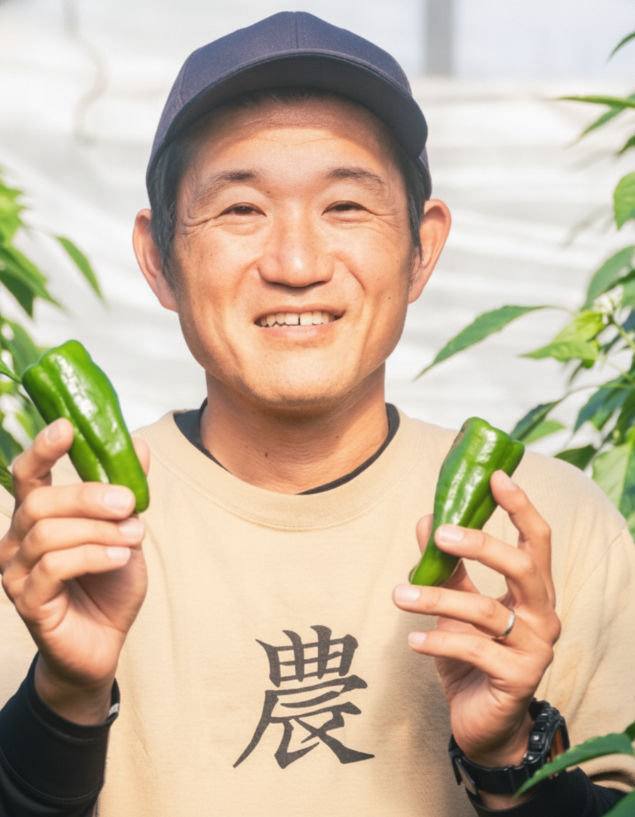 日髙農園 代表 日髙みつひろ（ピーマンを手に）